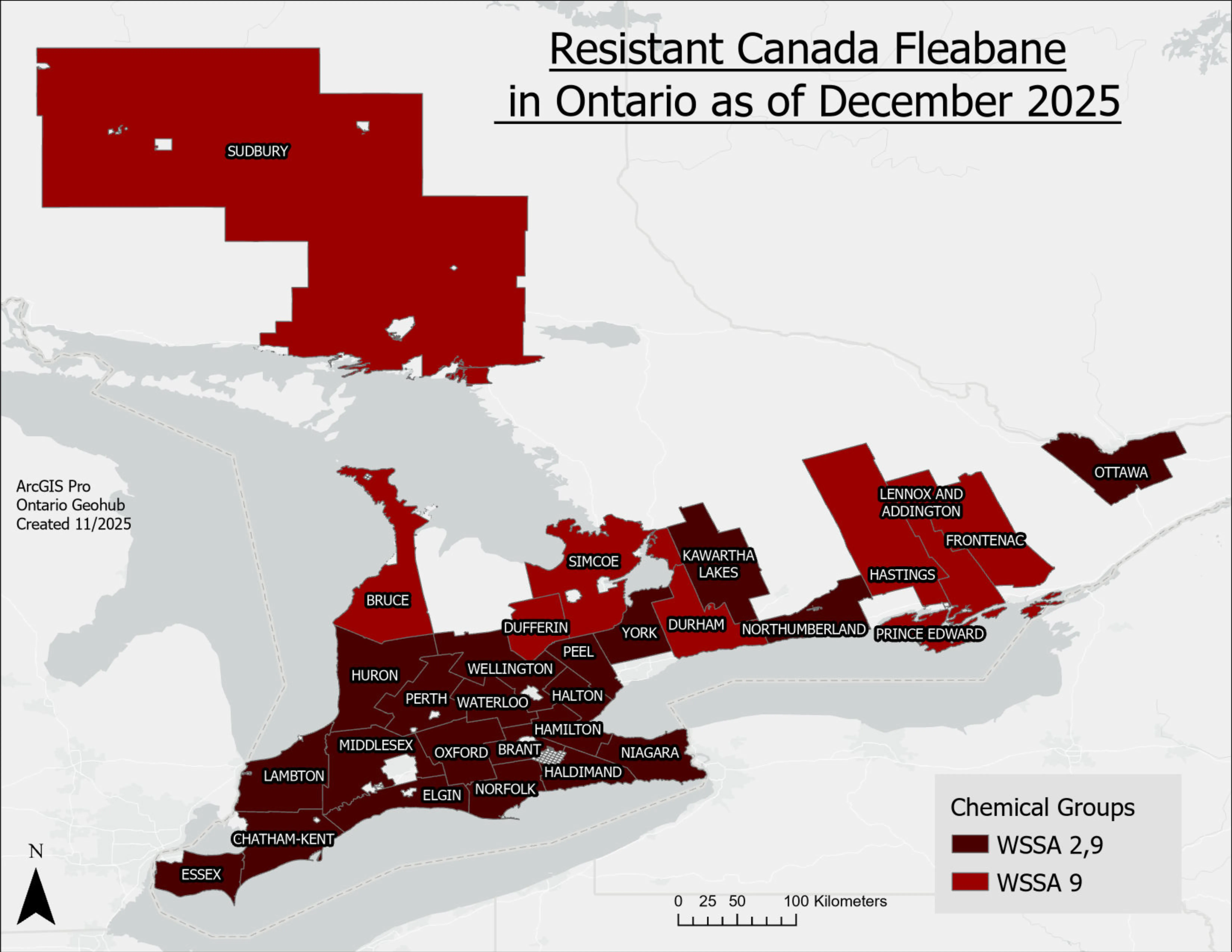 A map of Ontario with counties containing herbicide resistant Canada fleabane filled in.