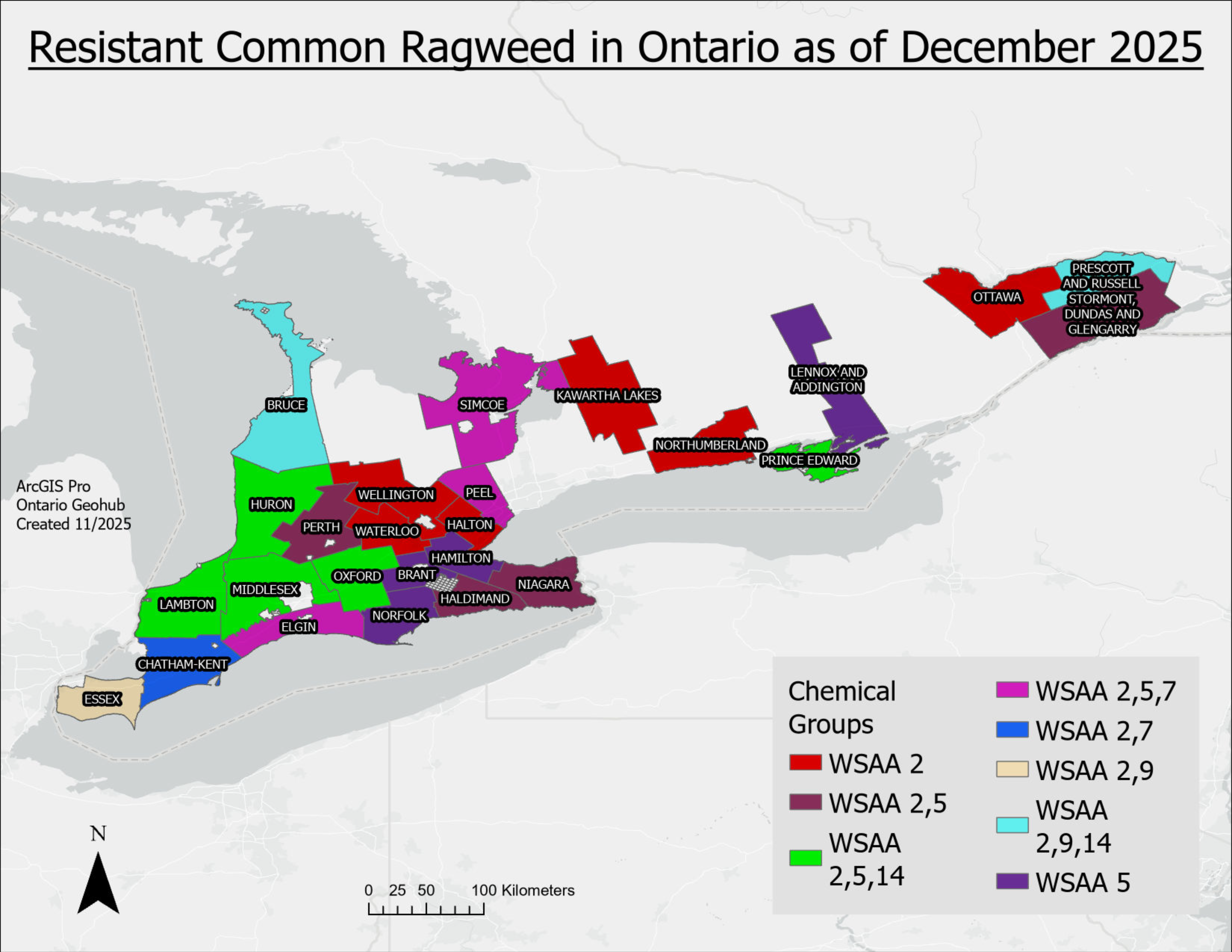 A map of Ontario with counties containing herbicide resistant common ragweed filled in.