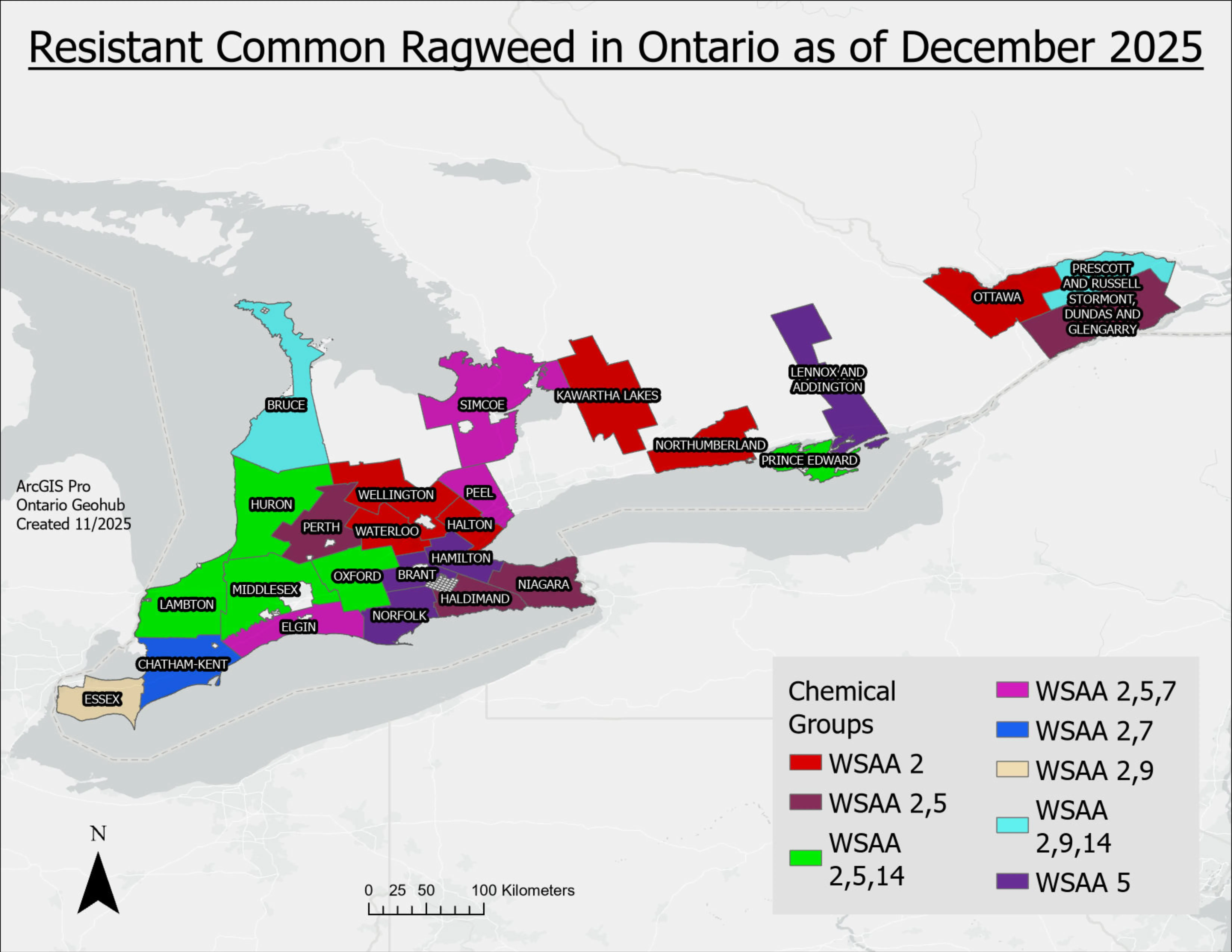 A map of Ontario with counties containing herbicide resistant common ragweed filled in.