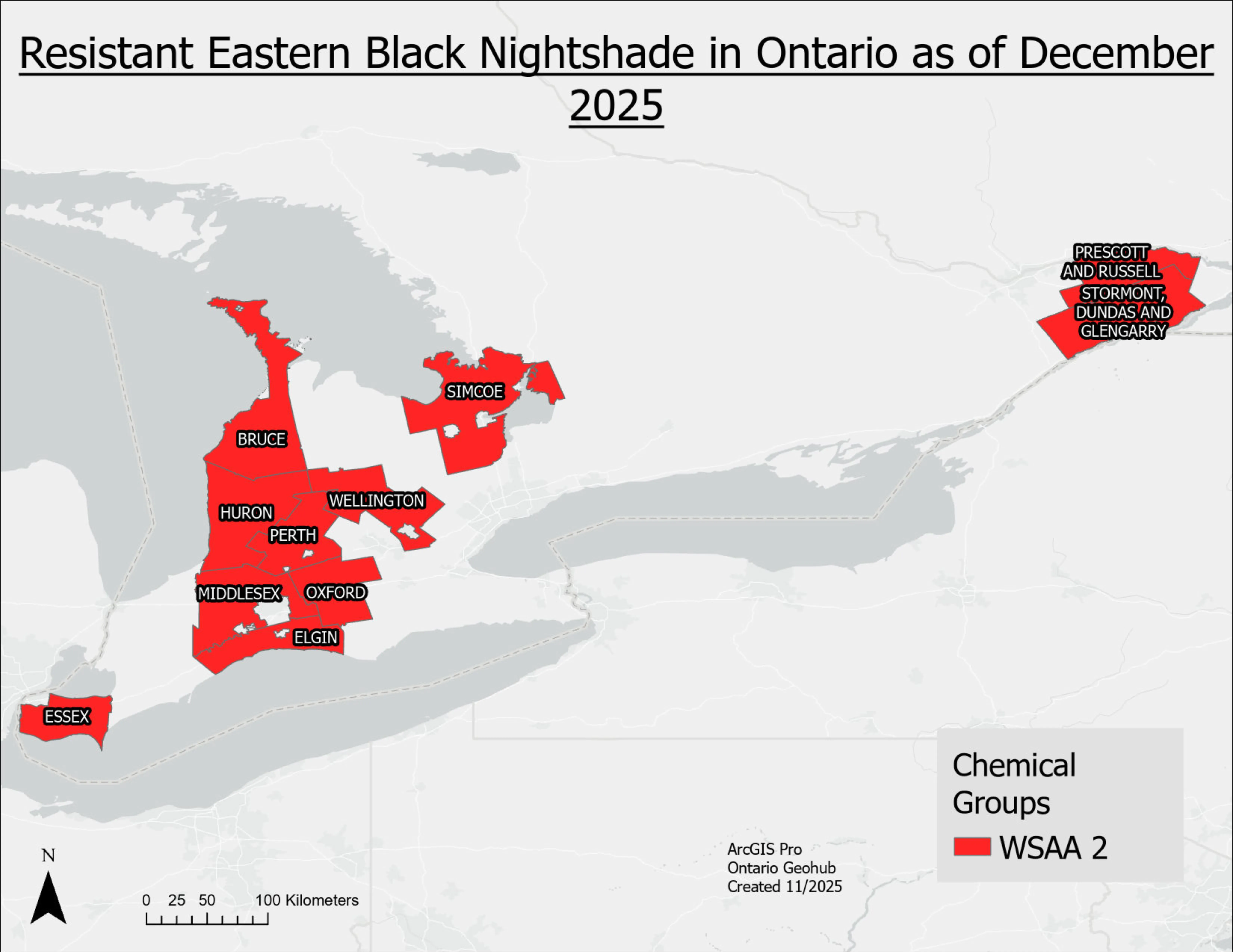 A map of Ontario with counties containing herbicide resistant eastern black nightshade filled in.