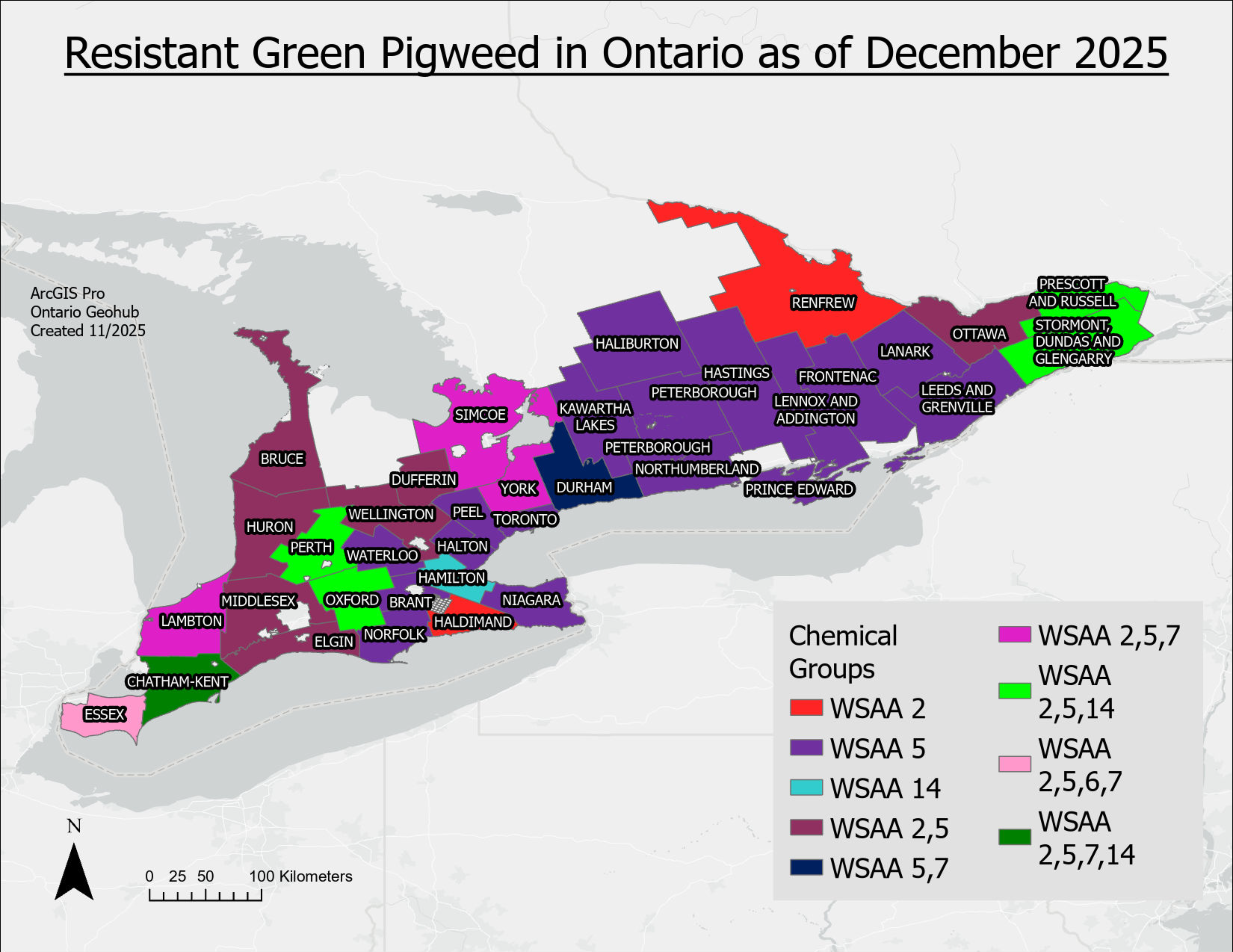 A map of Ontario with counties containing herbicide resistant green pigweed filled in.