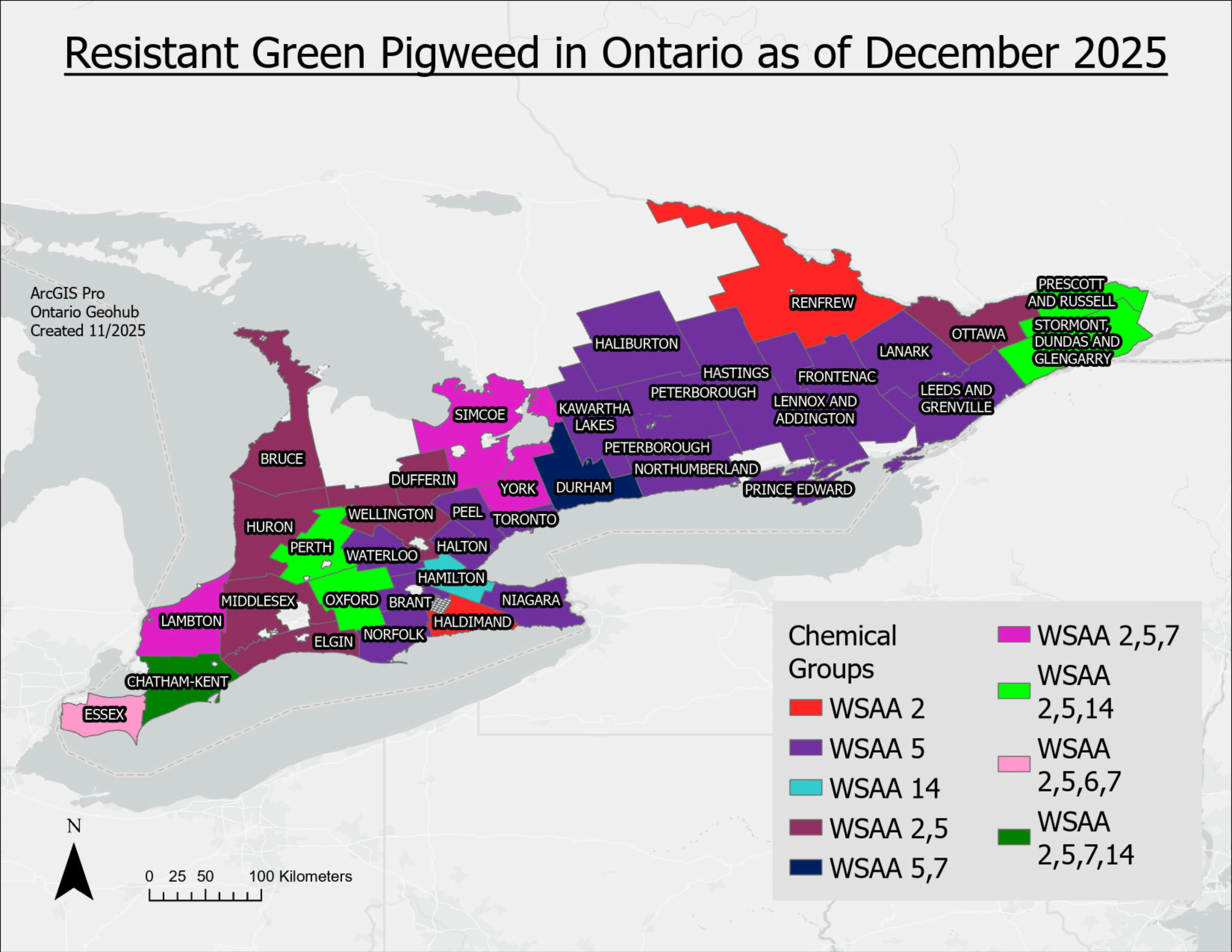 A map of Ontario with counties containing herbicide resistant green pigweed filled in.