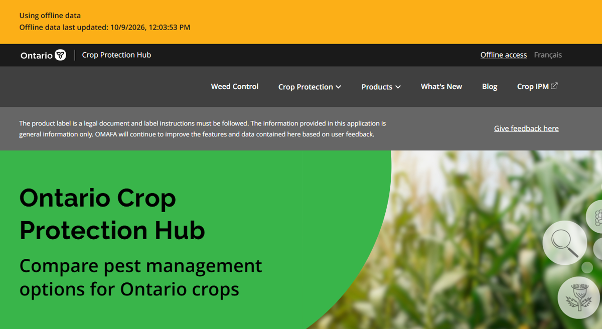 Screenshot showing that the Ontario Crop Protection Hub can be used offline