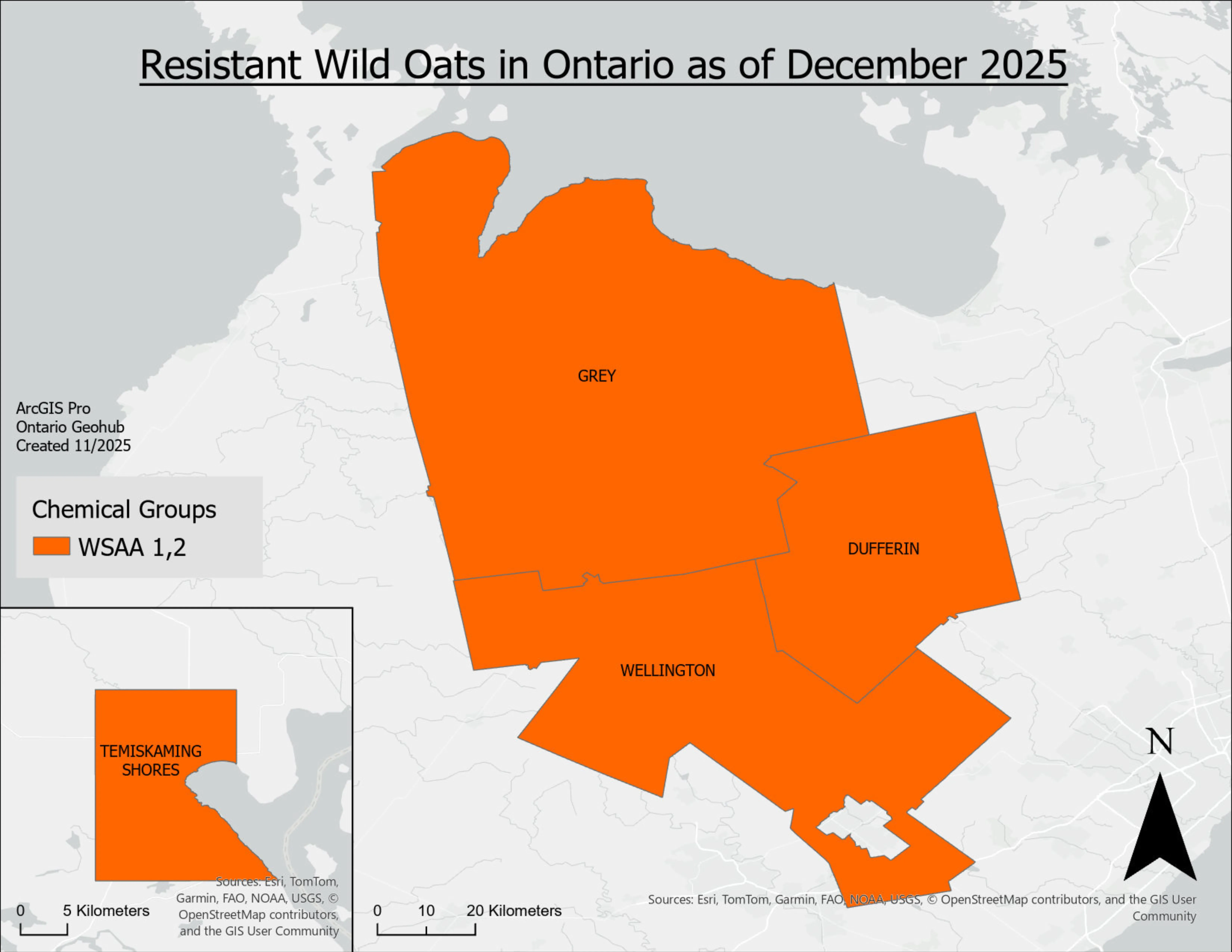 A map of Ontario with counties containing herbicide resistant wild oats filled in.