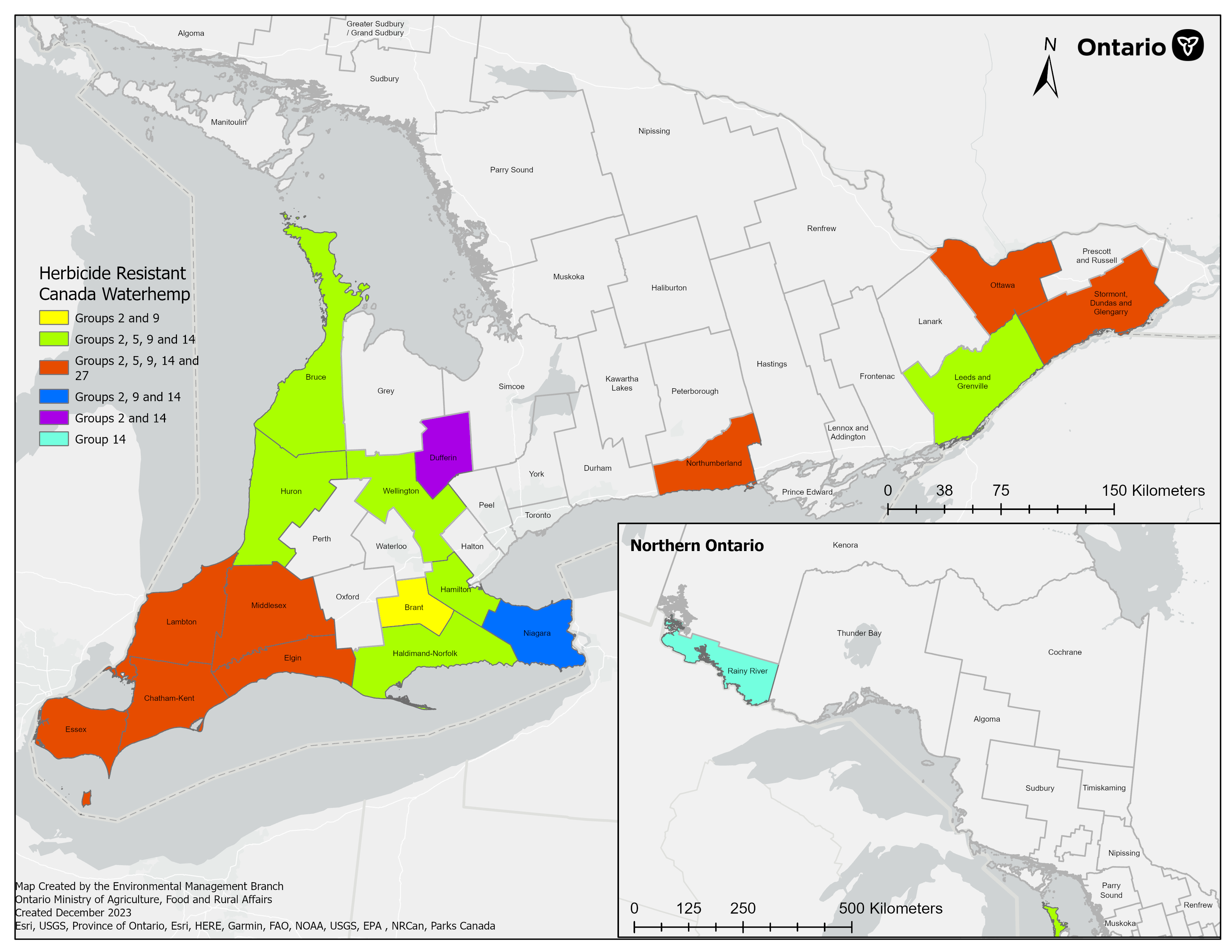 The 18 Ontario counties where herbicide resistant waterhemp have been identified (December 2023).